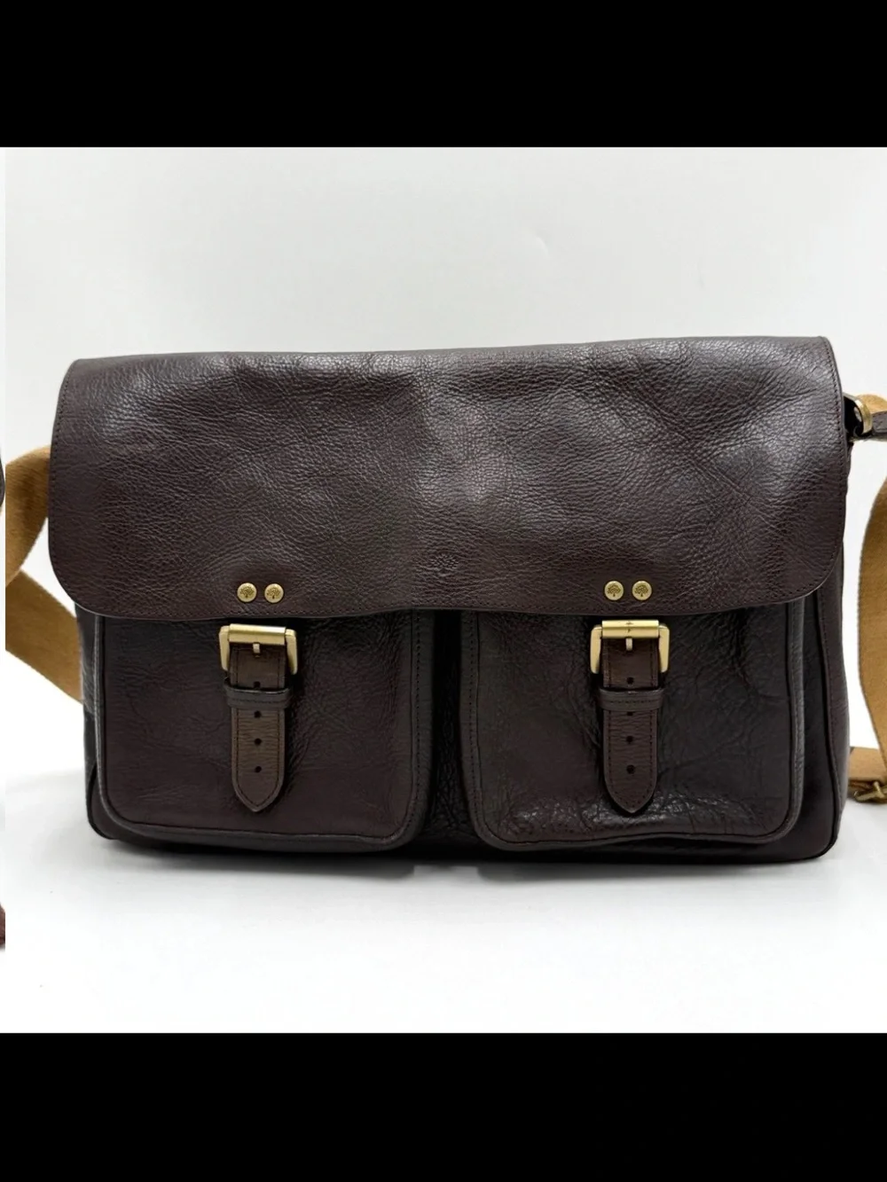Mulberry Dark Brown Leather Messenger with Tan Canvas Strap